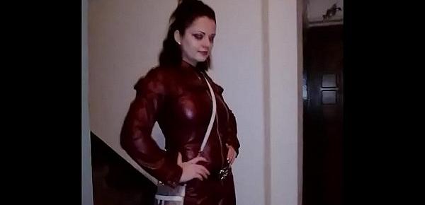  leather catsuit or pantyhouse with miniskirt